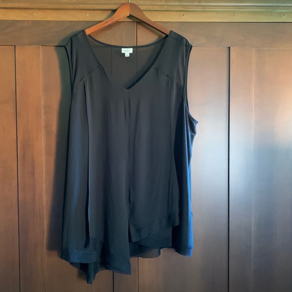 Black asymmetrical tank with layers of shear fabric